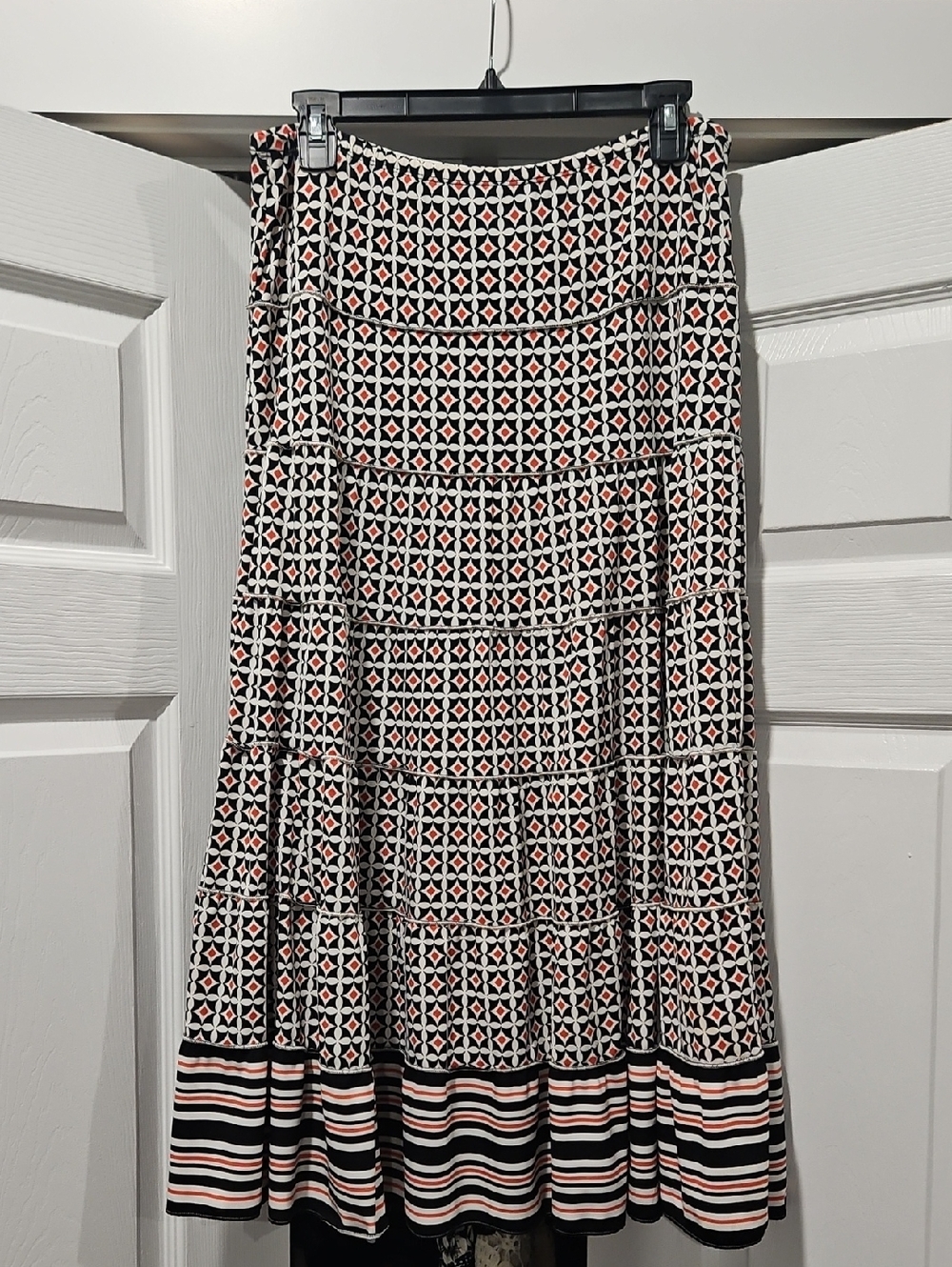 Sophie Max Black, White & Coral Geometric Tiered Maxi Skirt
